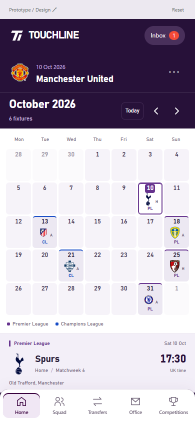 プレミアリーグの試合日。両クラブの紋章、ホーム・アウェイ、会場、Team sheetボタン