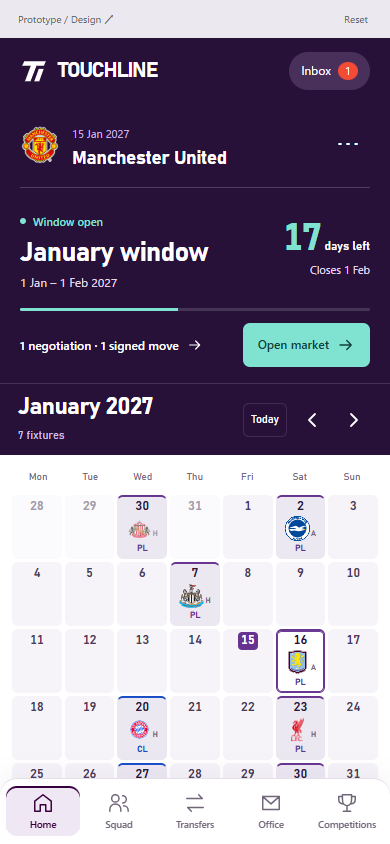 Club上部のJanuary window。残り17日、交渉と登録待ちの件数、市場へのボタンを表示。