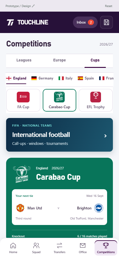 Carabao Cupの国・大会選択、次の自クラブ対戦、進行図、下部５分類メニュー