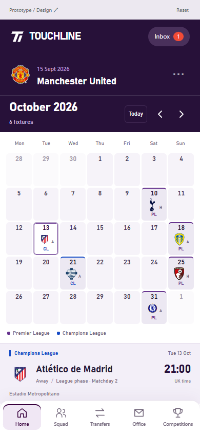 October 2026の月間カレンダー。６試合の紋章と大会、Atlético de MadridとのアウェイCL戦を選択