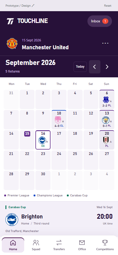 Club上部のSeptember 2026カレンダー。PL・CL・Carabaoの紋章、大会色、結果、Brightonとの対戦詳細