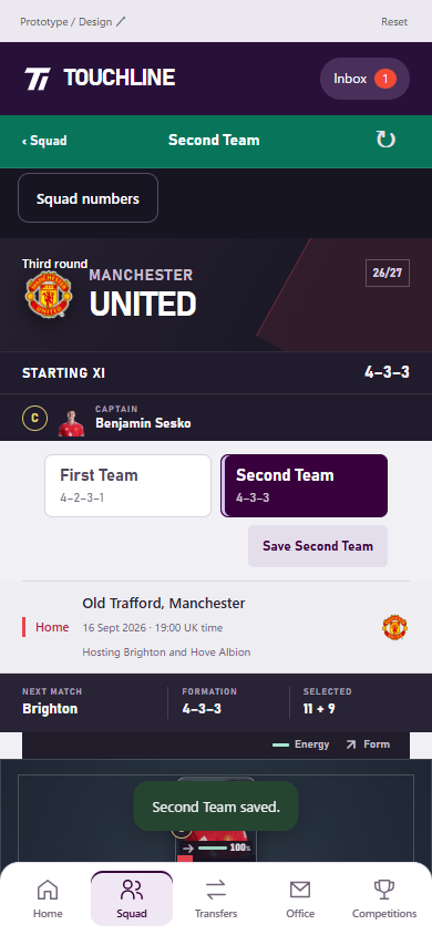 メンバー表上部のFirst TeamとSecond Teamの切り替え